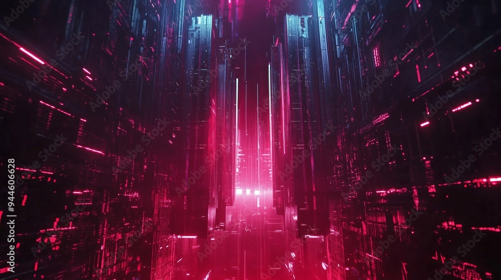 Poster a vibrant digital landscape featuring towering neon structures illuminated in red and blue colors, c