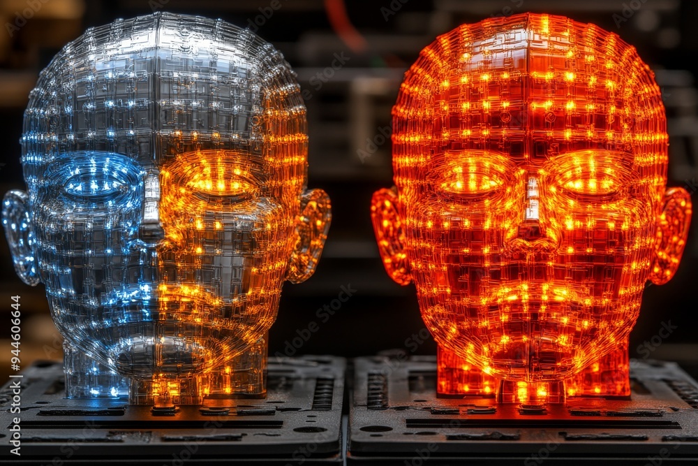 Poster futuristic 3d illustration of two transparent skulls with glowing brains representing the intersecti