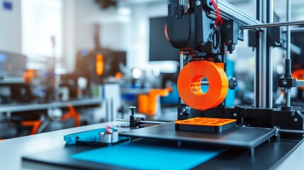 Fototapeta premium Modern Workspace with 3D Printer Creating a Complex Object with Vibrant Filament