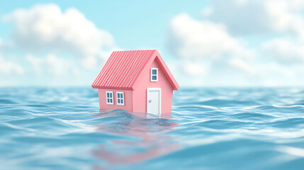 A whimsical pink house floating on calm water, surrounded by clouds, evoking a sense of tranquility and dreamlike escapism.