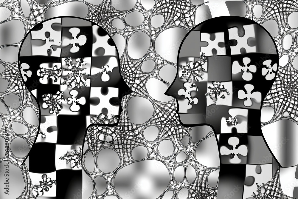Poster abstract black and white illustration of fragmented human faces symbolizing the complexity of identi