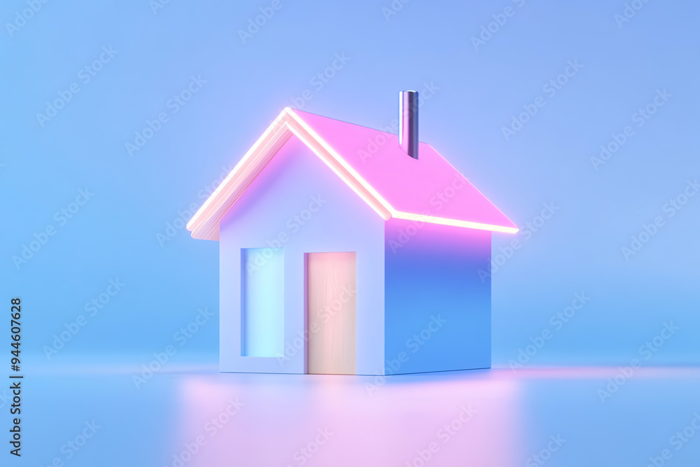 Poster stylish house model with vibrant neon lights, creating a modern and inviting atmosphere against a so