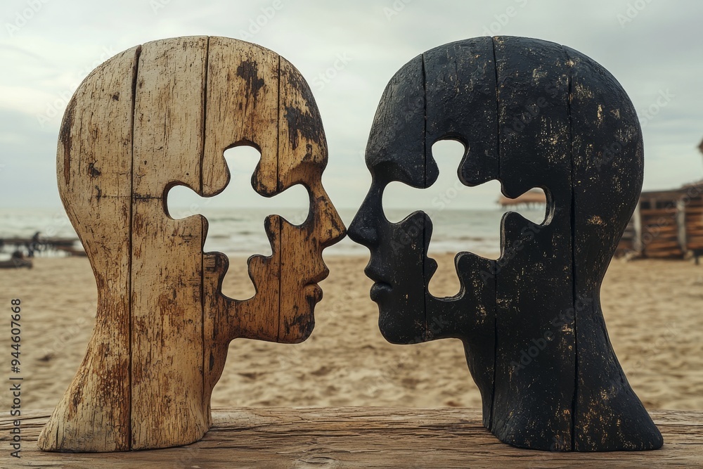 Poster two weathered wooden sculptures of human heads facing each other with puzzle pieces missing symboliz