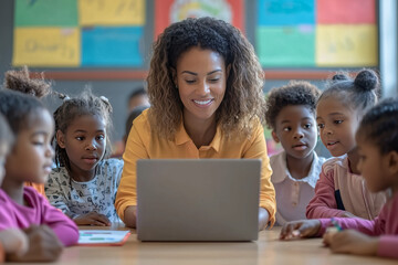 Teacher Using Laptop With Students In Classroom