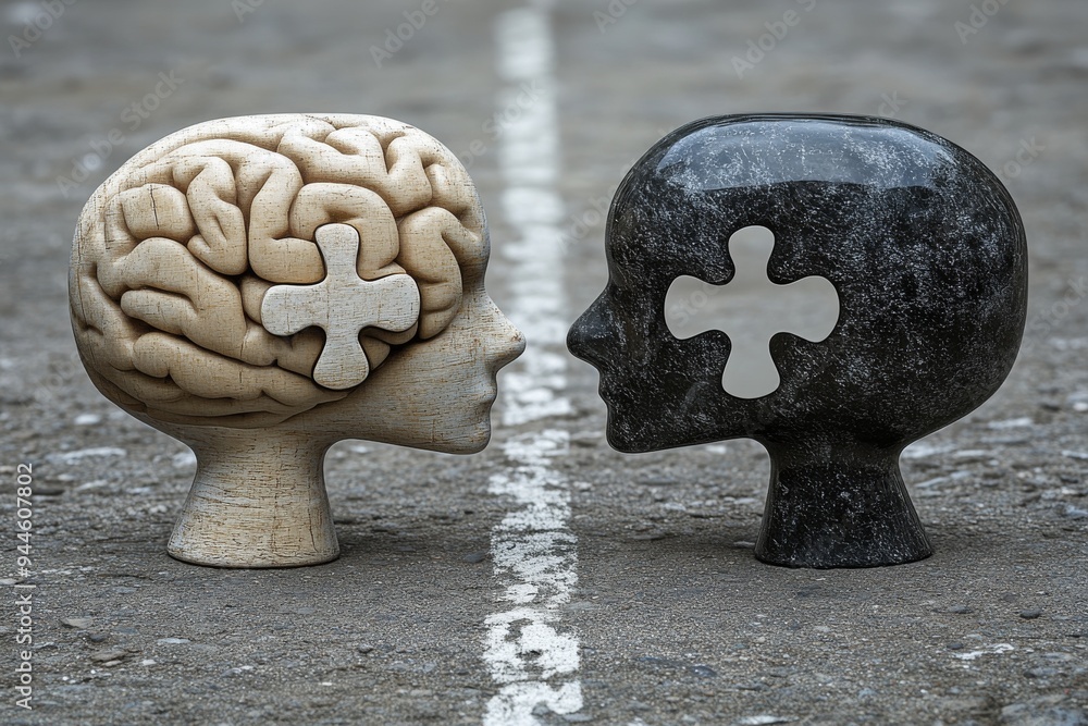 Poster abstract stone sculptures of two heads with puzzle pieces symbolizing the enduring and rugged nature
