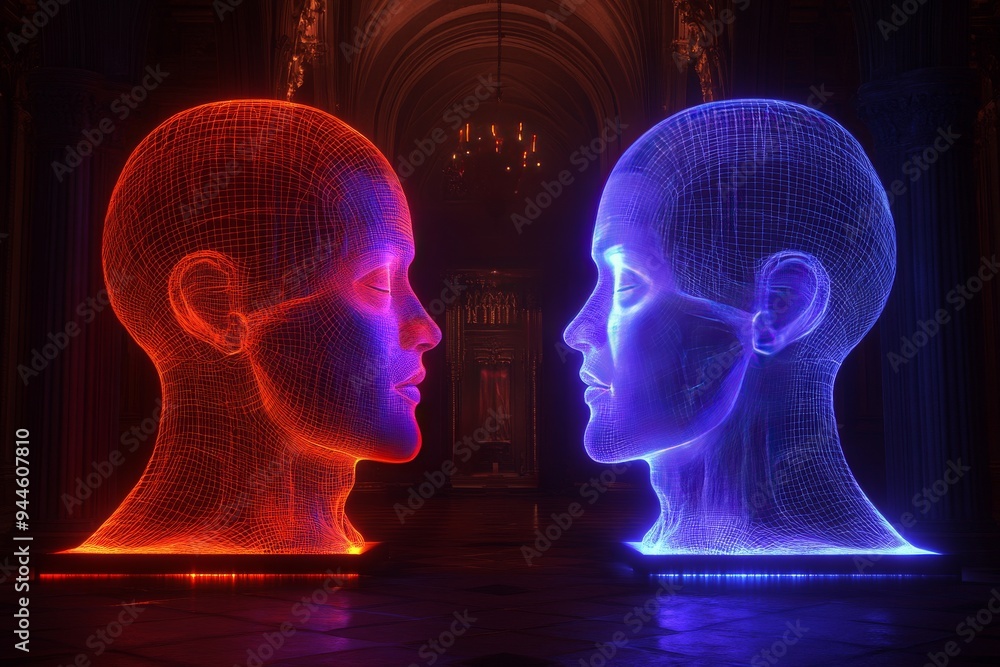 Aufkleber digital illustration of two human profiles with glowing brains in red and blue representing the cont