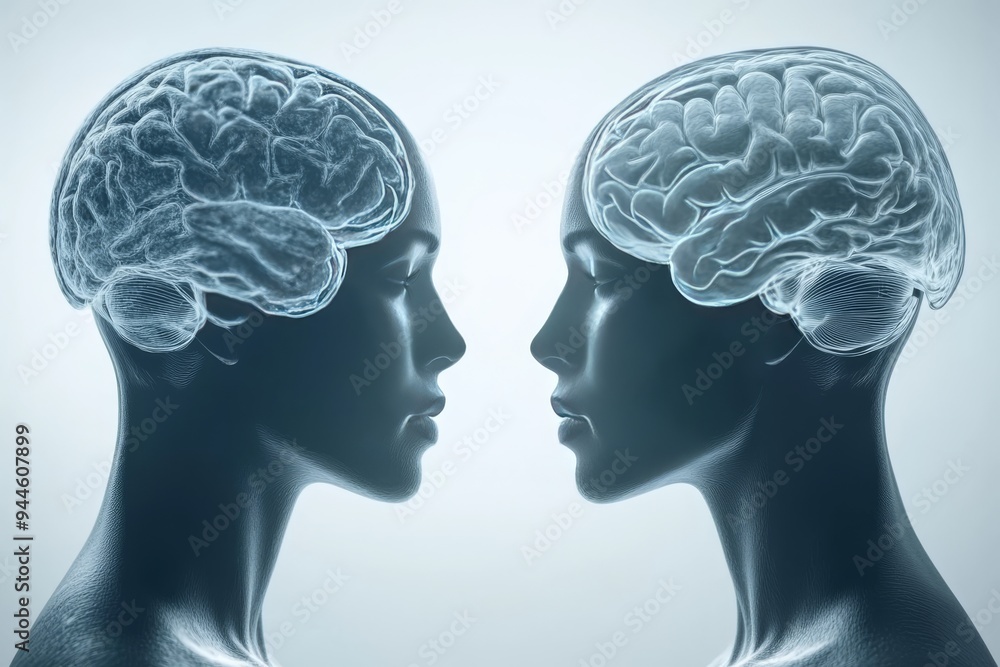 Poster illustration of two human profiles with glowing brains facing each other symbolizing the intellectua