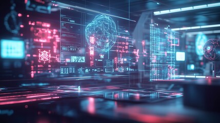 Futuristic digital workspace filled with holographic displays and advanced technology in a modern setting