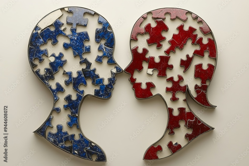 Poster abstract illustration of two puzzle piece heads one red and one blue facing each other representing 
