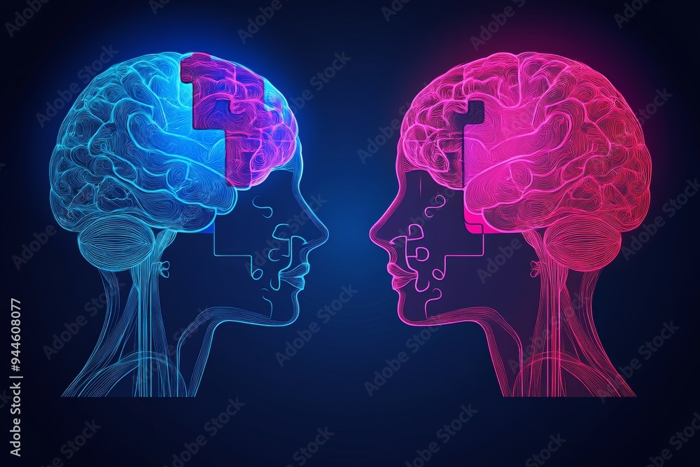 Aufkleber digital illustration of two profiles with glowing brains one blue and one pink symbolizing the duali