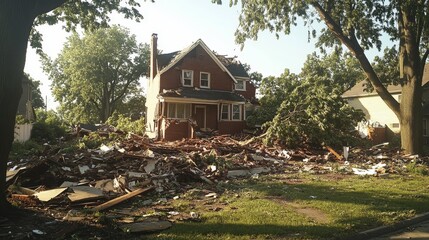 Obraz premium A residential house severely damaged, large trees crushed against the roof, the yard filled with debris, and a strong sense of devastation