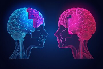 Obraz premium Digital illustration of two profiles with glowing brains one blue and one pink symbolizing the duality of thought identity and the balance between differing perspectives