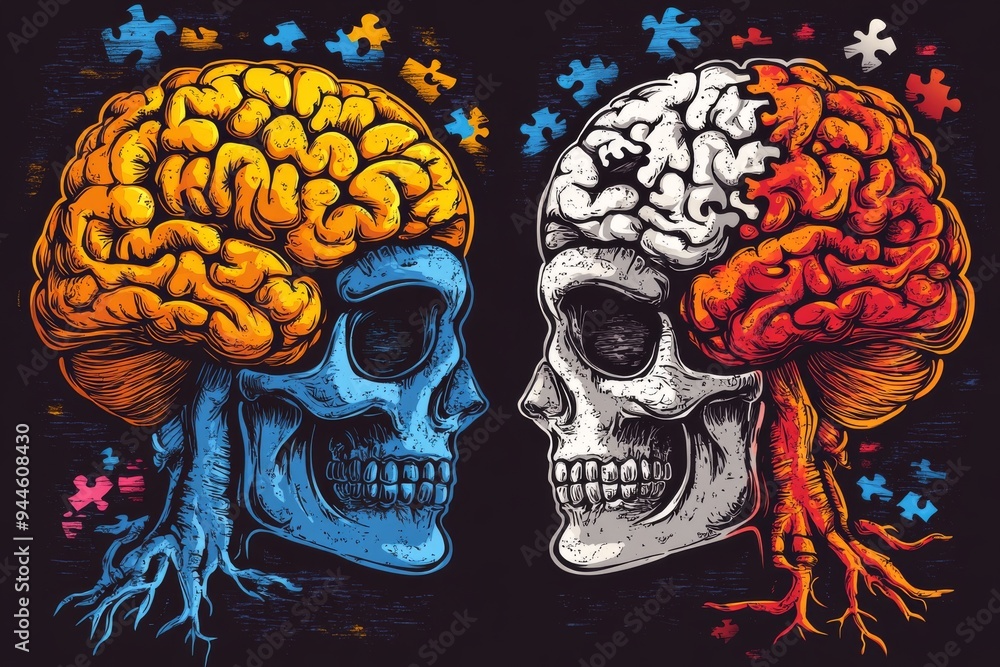 Poster artistic representation of two skulls with vibrant glowing brains symbolizing the enduring nature of
