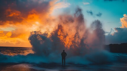 Silhouette of a Person Standing Before a Giant Wave Crashing During a Sunset