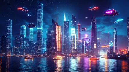 Night Sky with Futuristic Cityscape Featuring Flying Cars and Neon Lights
