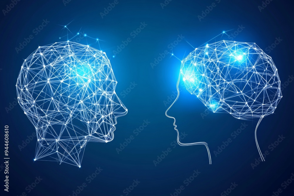 Poster digital illustration of two human profiles connected by neural networks symbolizing the intricate ex