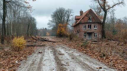 A rural scene after a natural disaster, broken houses, fallen trees blocking dirt roads, remnants of life scattered in the wreckage, somber atmosphere