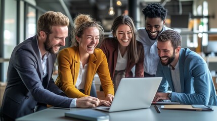 A diverse team collaborates enthusiastically around a laptop in a modern office environment during the workday