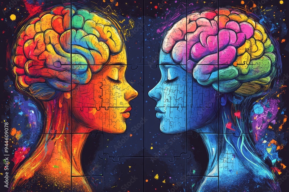 Aufkleber vibrant abstract art of two human faces with colorful brains representing the dynamic interplay of t