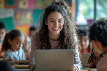 Smiling Teacher Using Laptop in Diverse Classroom