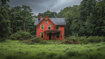 Obraz premium A serene home now in shambles, surrounded by towering trees, all fallen and broken, the aftermath of a violent storm, nature reclaiming its place