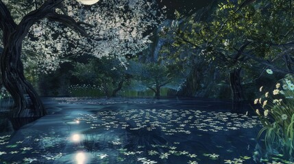 Naklejka premium Enchanting Moonlit Forest Lake.