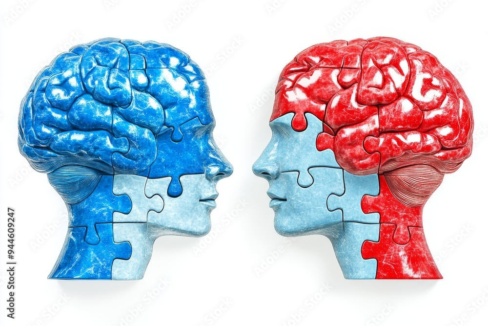 Poster red and blue heads with puzzle piece brains facing each other representing the duality and connectio