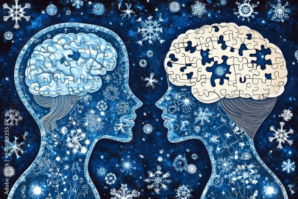 Poster blue and white illustration of two human profiles with puzzle piece brains symbolizing the complexit