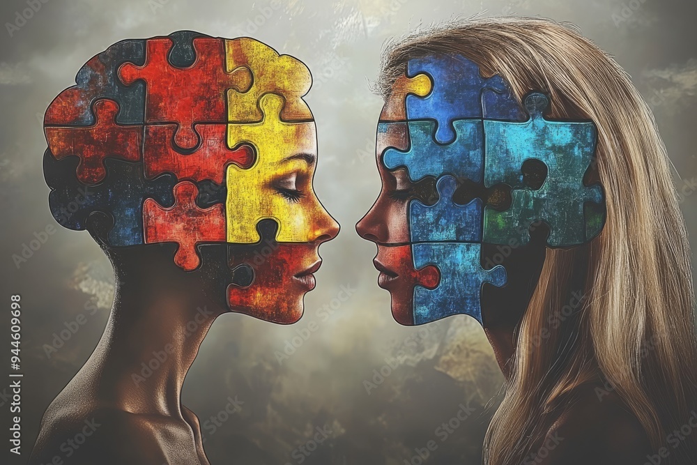 Aufkleber conceptual illustration of a human face with a fragmented puzzle piece brain symbolizing the ongoing