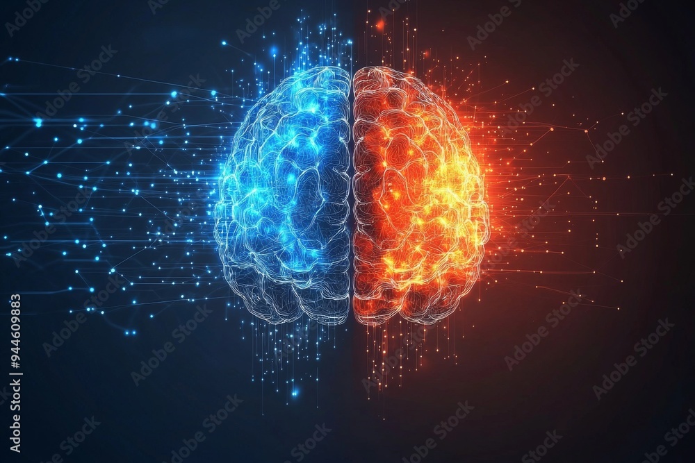 Poster abstract digital representation of a brain split into red and blue halves symbolizing the dual natur