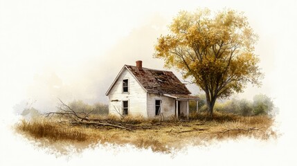 Fototapeta premium A small home with fallen trees leaning against its walls, destruction all around