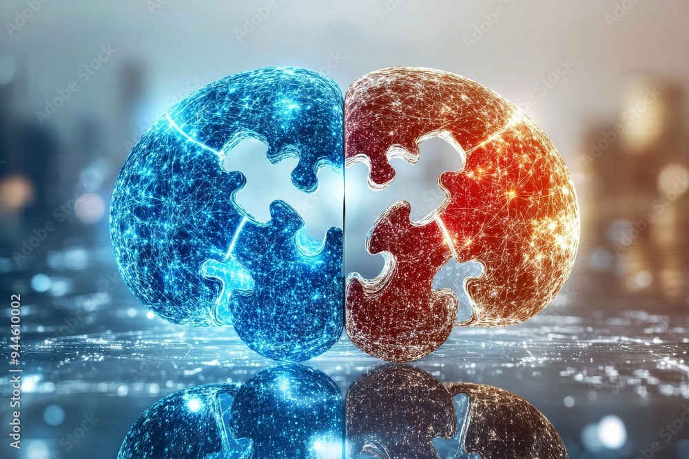 Aufkleber blue and red brain hemispheres with puzzle pieces floating in water symbolizing the fluidity and int