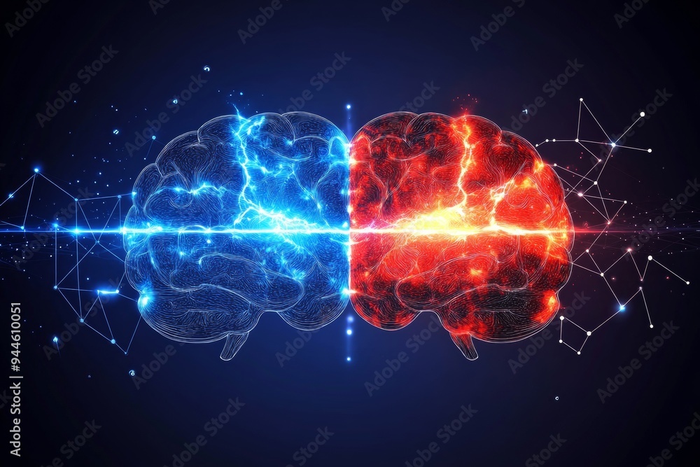 Poster digital art of two glowing brain hemispheres one blue and one red connected by a network of light sy
