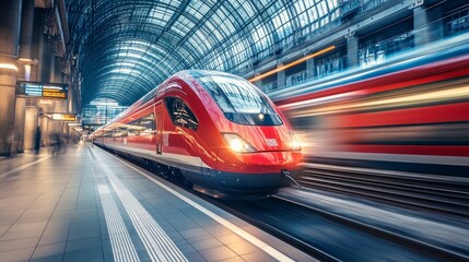 High speed train in motion inside modern train station in Vienna. Fast red intercity passenger train with motion blur effect. Railway platform. Railroad in Europe. Commercial transportation. Transport