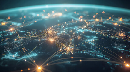 Global Network Map with Digital Connections Across Continents