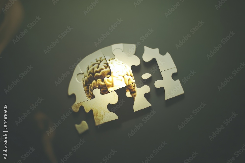 Poster close up of a puzzle piece brain illuminated from within symbolizing the enlightenment that comes fr