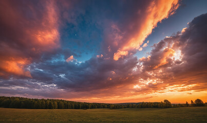 Fototapeta premium A dramatic sunset casts orange hues across the sky over a field and forest
