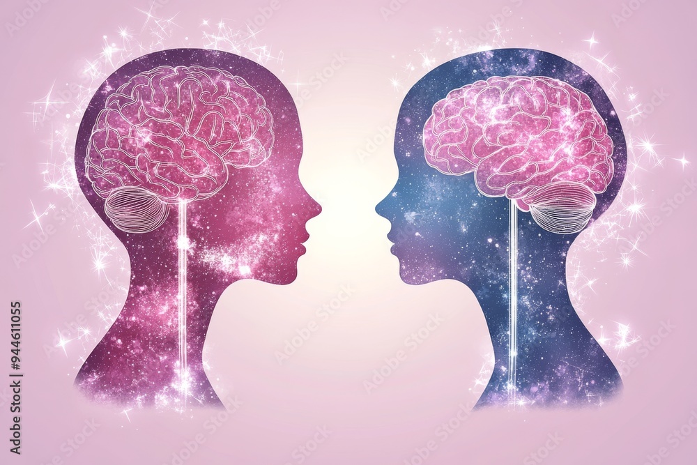 Aufkleber digital illustration of a pink glowing brain in a womans profile representing the power of thought i