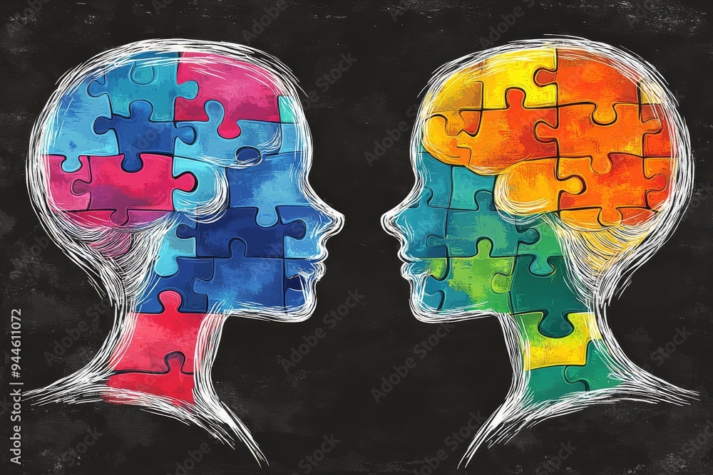 Poster artistic rendering of two human profiles with puzzle piece brains one colorful and one monochrome sy