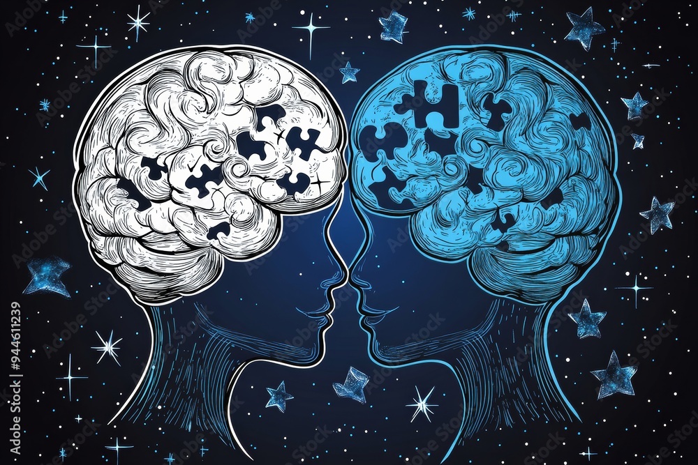 Poster abstract illustration of two profiles with puzzle piece brains connected by stars symbolizing the co