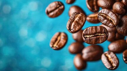 Fototapeta premium Airborne coffee beans on blue background