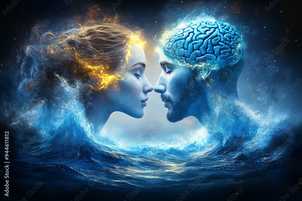 Poster digital illustration of a man and woman with glowing brains facing each other in a cosmic setting sy