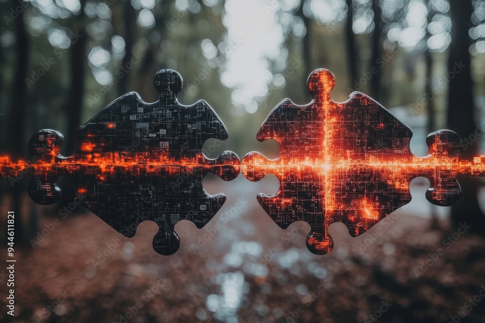 Poster conceptual image of puzzle pieces floating in the air between two profiles symbolizing the process o