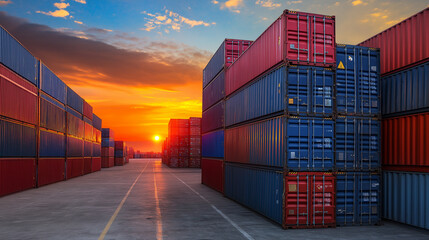 Fototapeta premium Industrial container cargo freight ship at sunset in port terminal