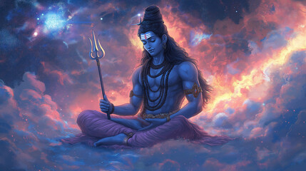 Hindu god shiva meditating in lotus pose above clouds