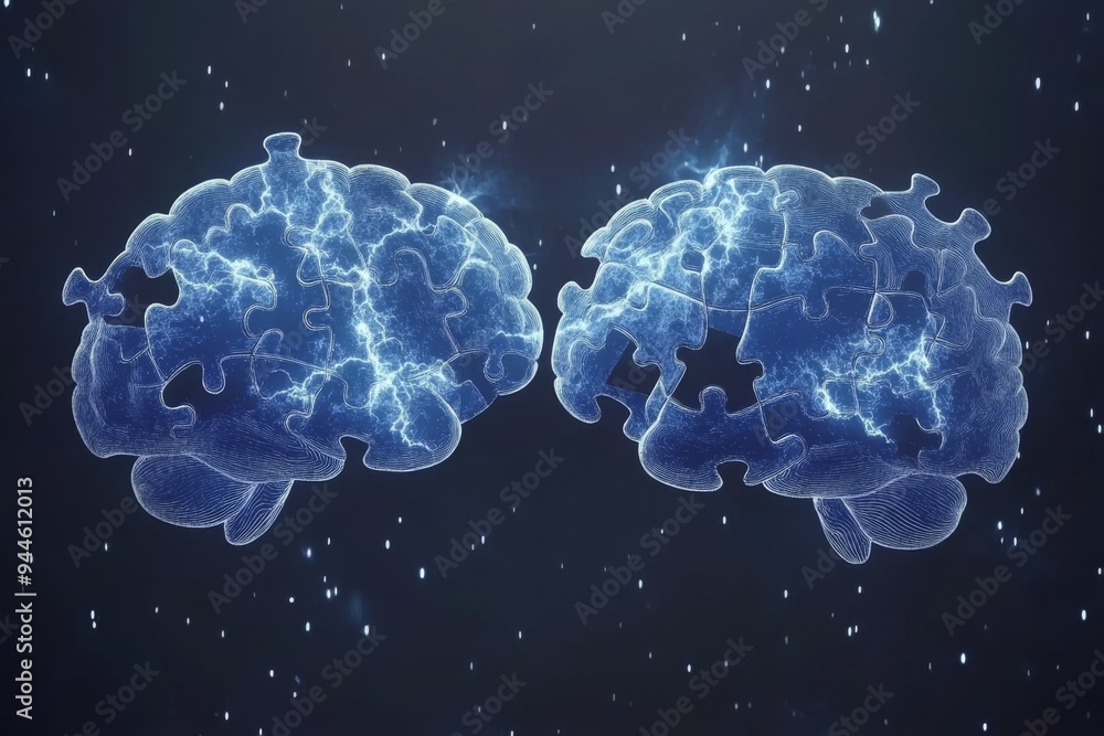 Poster digital portrait of a woman and a man with a glowing brain connection representing the fusion of tho