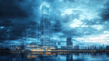 Anime-inspired architect, city skyline, innovative buildings, blueprint designs, urban planning