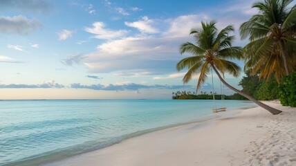 Fototapeta premium a tranquil tropical beach with a clear turquoise sea and soft white sand. There is a beach swing The sky is partly cloudy, with a few white clouds and a few palm trees on the horizon