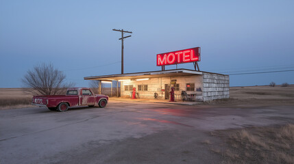 Old motel with neon sign standing on empty road at dusk