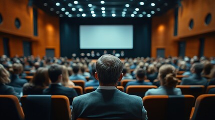 A formal business event in a spacious conference hall, viewed from the back of the audience